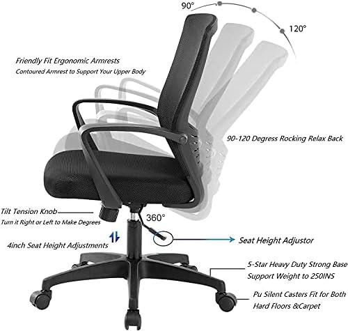 Scaun de birou ANACCI, scaun de birou cu spătar balansoar, scaun de Computer cu plasă la mijlocul spatelui cu înălțime reglabilă,