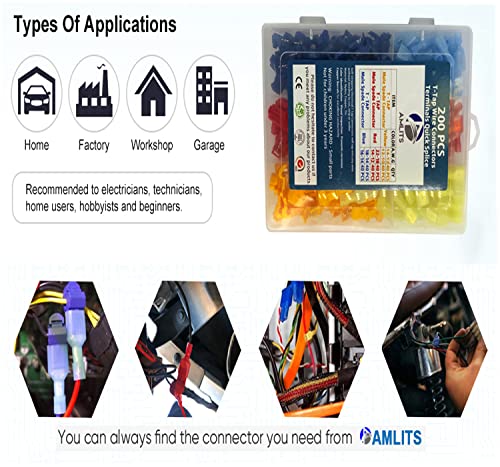 AMLITS 200 PC-uri conectori de sârmă T-tap, borne de sârmă electrică cu despicătură rapidă, deconectare rapidă pentru bărbați