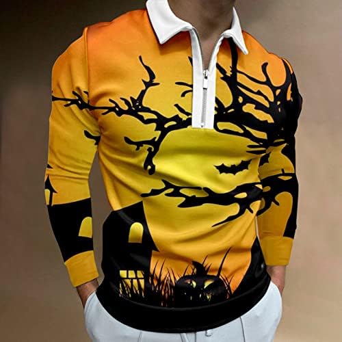 Zddo Halloween Polo Tricou pentru bărbați, cu mânecă cu mânecă cu fermoar guler mușchi de golf topuri amuzante dovleac grafic