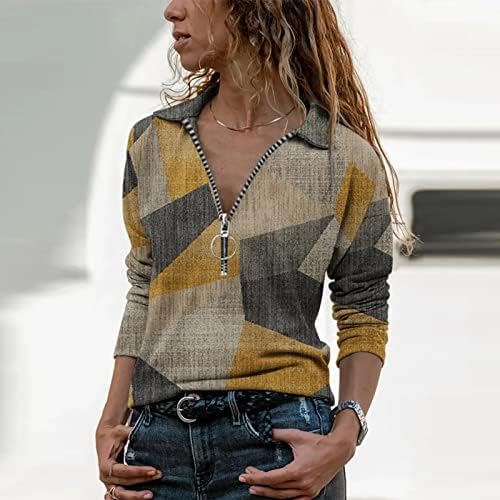 Tricouri cu mânecă lungă pentru femei cu fermoar cu bluză cu guler cu guler de cotitură topuri de tunică pentru a purta cu