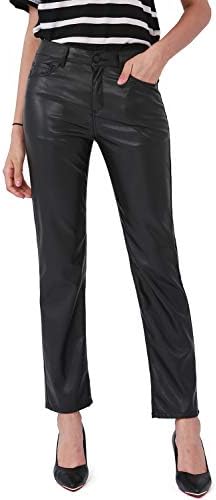 Pantaloni din piele Faux Balleay Art pentru femei, picioarele drepte la nivelul taliei mijlocii ridicate pantaloni negri elastici