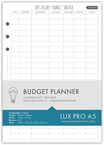 LUX PRO A5: Planificator de buget-pachet de reumplere a productivității LUX - inserții de pagină Planificator-compatibil cu