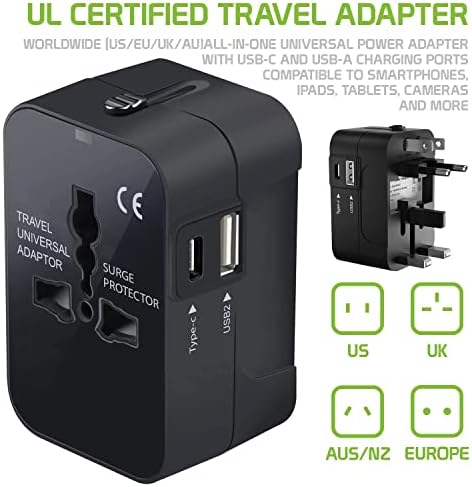 Travel USB Plus International Power Adapter Compatibil cu Samsung SM-T820NZ pentru putere mondială pentru 3 dispozitive USB