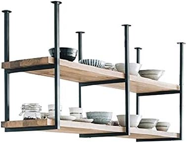 Cuier de tavan din lemn din fier forjat din fier forjat, raft de depozitare cu 2 niveluri, adecvat pentru restaurant/bar/bucătărie