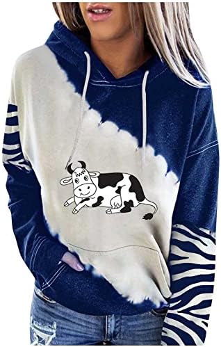 Drăguț vacă Hoodie pentru Femei Topuri Casual Vrac mozaic cordon cu gluga Maneca lunga Vrac Pulover Bluze Bluze