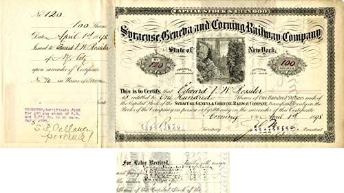 Syracuse, Geneva și Corning Railway Co. eliberat și semnat de Edward V. W. Rossiter-certificat de stoc
