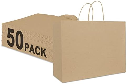 Gatherfun 50pcs 16x6 X12 Kraft naturale pungi de hârtie personalizabile cu mânere, sac de cumpărături, sac de cadou de hârtie,