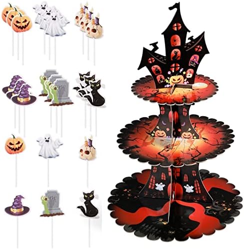 Sawysine Halloween Cupcake Stand Decoration 3 Tier Suport pentru desert cu 24 de PC -uri Toppers Turn Cardboard Tort