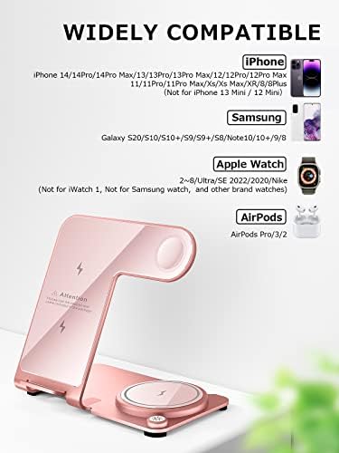 3 în 1 stație de încărcare pentru mai multe dispozitive roz, aliaj de aluminiu, încărcător wireless rapid pentru iPhone 14/13/12/11/Pro/Max/XS/XR/X/8/Plus,