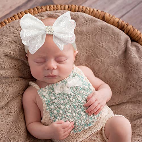 Surakey Baby Lace Bow Headband Pearl stras Headbands Cross Bow 36cm frizură de păr Elastic pentru fetițe nou-născut, tip 3