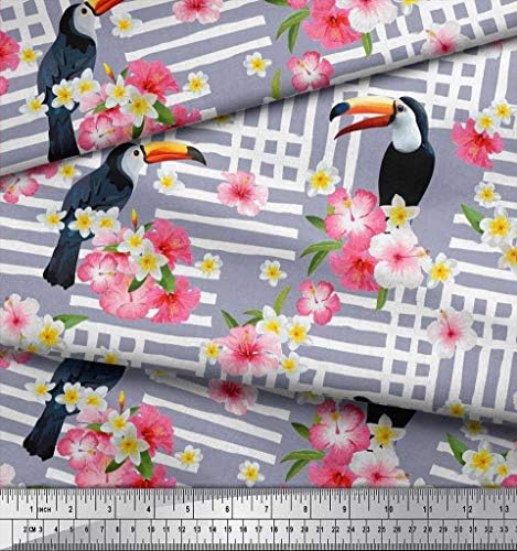 Soimoi gri bumbac Jersey Fabric Plumeria & amp; Toucan Bird Print Fabric de curte 58 Inch larg