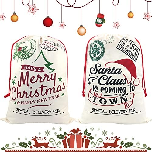 Pachet de 2 saci mari de Moș Crăciun ciorapi din pânză de bumbac cu șnur, Genți personalizate de Moș Crăciun saci de Crăciun,