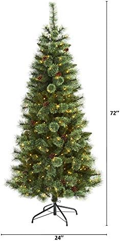 Aproape natural 6ft. Pinul de Crăciun artificial de pin de munte alb cu 300 de lumini LED și conuri de pin, verde