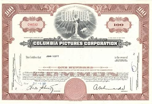 Columbia Pictures Corp. - Certificat De Stoc Al Studioului American De Producție De Film