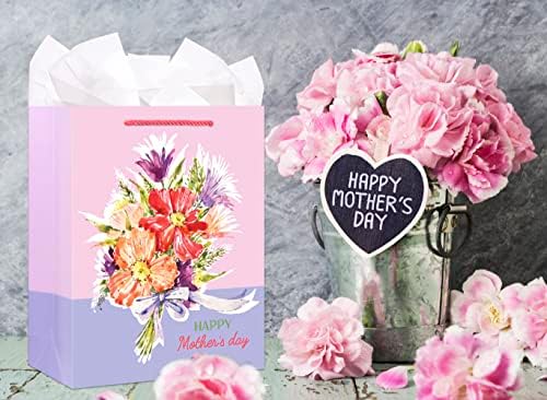 WaaHome Happy Mothers Day Gift Bag pentru mama de la fiica Fiului, 11,5 Pungi cadou pentru mama cu flori cu hârtie absorbantă