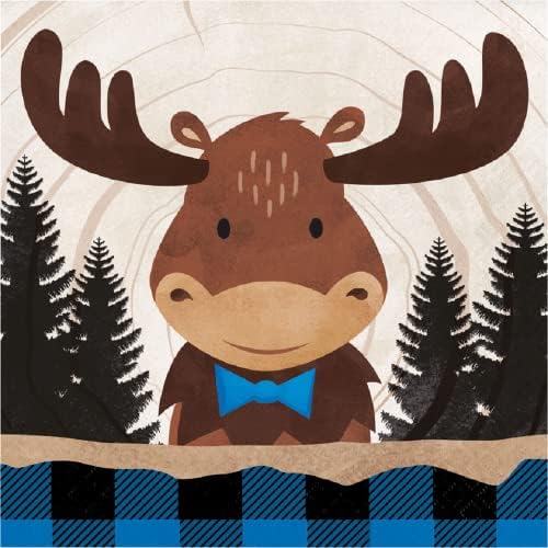 Șervețele de petrecere tematică Moose - 32 Count | 2 pachete de șervețele de prânz 16ct | Fun Moose Blue Buffalo Plaid Design, 6,5 x 6,5