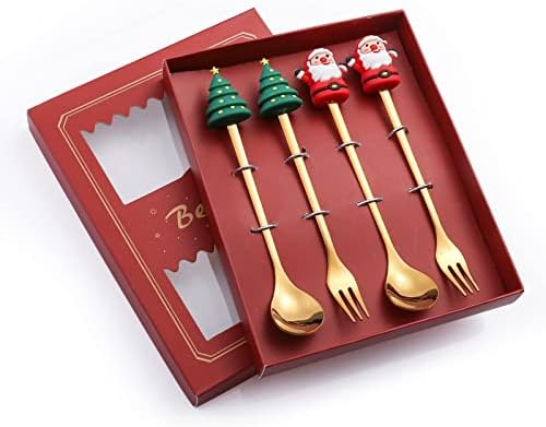 Crăciun 2 perechi furculiță și lingură set de tacâmuri din oțel inoxidabil cadou lingură de desert și furculiță pentru banchet,