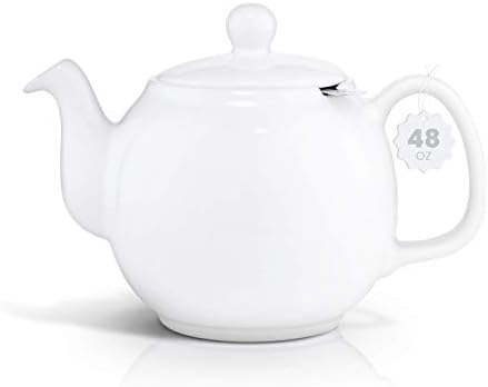 Ceapot mare de porțelan saki, oală de ceai de 48 de uncie cu infuzor, frunze libere și oală de ceai înflorit - alb