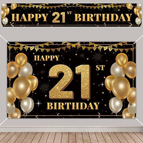 Mare fericit 21 de ani decorare Banner 72.8 x 43.3 Inch, negru și auriu fericit 21 de ani Banner semn 9. 8x1. 6ft