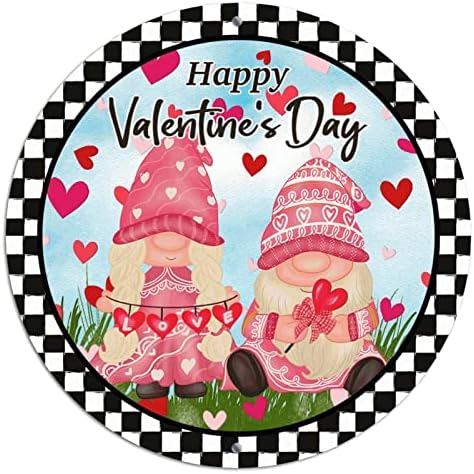 Round Metal Metal Valentine's Day Semne de coroană Gnome Cupluri Red Heart Balloon Checker Sign Tin Anniversary Art Art Vintage