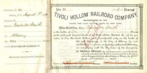 Compania Feroviară Tivoli Hollow. semnat de W. B. Van Rensselaer-certificat de stoc