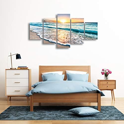 Cao Gen Decor Art-S58839 5 Panouri Blue Beach Beach Sunrise White Wave Picture Pictura pe pânză Artă de perete modernă întinsă și încadrată peisaj marin-penală prin imprimeuri pentru decorațiuni de birou de casă