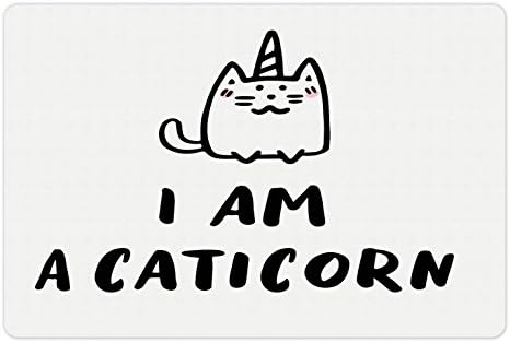 Ambesonne Unicorn Cat Pet Mat pentru mâncare și apă, cuvinte pline de umor sunt un Caticorn cu mână desenată fictiv cu corn,